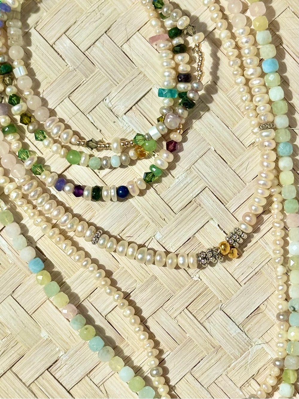 Crystal Morganite Faceted Crystal Necklace with Gold Accents and Blue Charm